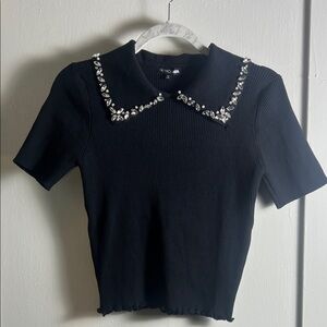 Black Jeweled Peter Pan Collar, Short Sleeved Ribbed Top